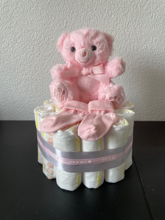 1-Laags Luiertaart Beertje SoftTouch Roze-Babyshower-Kraamcadeau van Precious Little One
