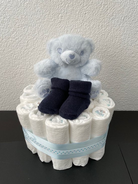 1-Laags Luiertaart SoftTouch Beertje Blauw-Babyshower-Kraamcadeau van Luiertaart