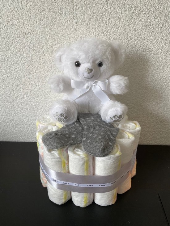 1-Laags Neutrale Luiertaart SoftTouch Beertje Wit-Babyshower-Kraamcadeau van Geboortenoortje.