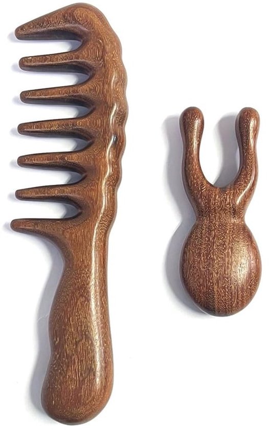 1 sandelhout kam, uitgerust met 1 sandelhout neusschraper, houten kam, dikke brede kam, houten massagekam, retro kam met brede tanden, antistatische haar kam