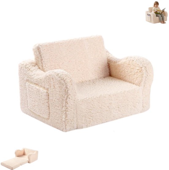 1 stuk - Kleine bankstoel - Comfortabele kinderbankstoel - 2-in-1 uitklapbare bank - Comfortabele loungestoel - Zachte kinderbank - Bankstoel 43 cm * 60 cm * 43 cm - Geschikt om te ontspannen en te slapen (gebroken wit)