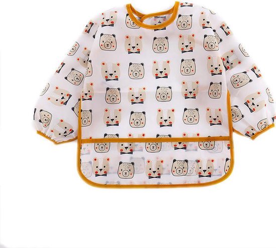1 Stuk - Slabbetje lange mouwen met brede opvangbak - Oranje beer - 0-3 jaar - kliederschort - verfschort van Jollein