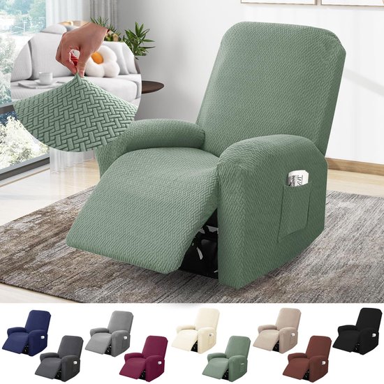 1-zits stoelovertrek, stoelhoezen met rekbare stretch en zakken, all-in-1 gestreepte jacquard stoelbeschermer voor televisiestoel, relaxstoel, stoelhoes (Lichtgroen, 4-delig)