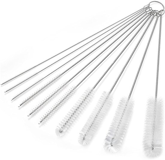 10-delige flessenborstelset, nylon reinigingsborstel voor bekers, geschikt voor rietjes en tuitjes, perfect voor flessen met een smalle hals, babyflesjes, potjes en theepottuitjes,Transparante 10-delige set