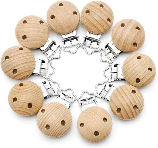 10-delige set houten speenclips - 30 mm speenclips - Ronde houten speenclips met 3 gaatjes - met anti-verliesketting - Speenhouder - Geschikt voor baby's en peuters van Merkloos
