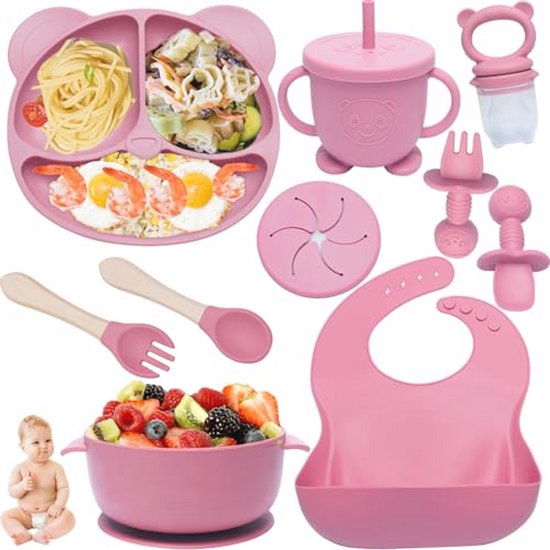 10-delige siliconen babyspenen set - voedingsset met zuigkom, verstelbaar slabbetje, beker en voedselbord - perfect voor babygeschenken