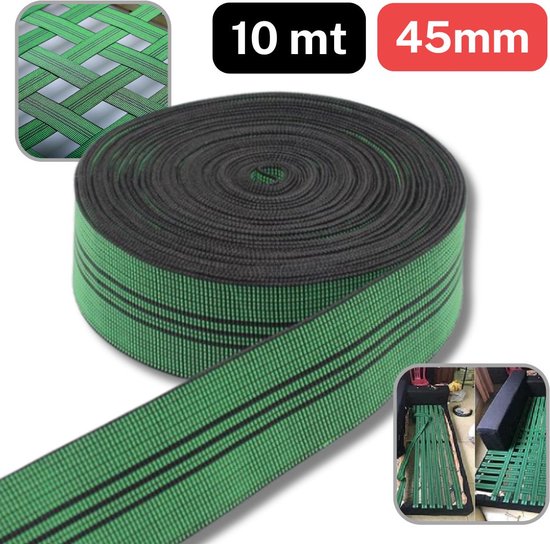 10 Meter ZWARE RESISTENTE GROENE ELASTIEK, Breedte 45MM, Voor MEUBELS, SOFA'S, CANAPES enz... van Proelastic.