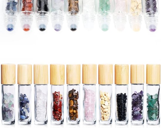10 stuks 10 ml edelsteenrollerflesjes, proefflesjes met bamboedoppen, helende kristalchips erin voor etherische oliën, parfums, aromatherapie