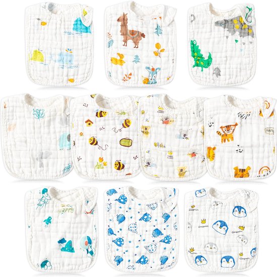 10 stuks babyslabbetjes, katoenen newborns sabber absorberende slabbetjes met verstelbare drukknopen, zachte ademende doeken voor babytanden, voeding, spenen (0-36 maanden) van MiiDD