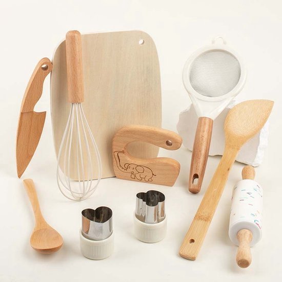 10 stuks houten kinderkookmessenset - Kinderkookspeelgoedset - Snijplank en messenset voor kinderen - Praktische keukengereedschappen voor peuters - Geschikt voor het snijden van groenten, fruit, salades en cake - Geschikt voor kleine chefs (2-6 jaar