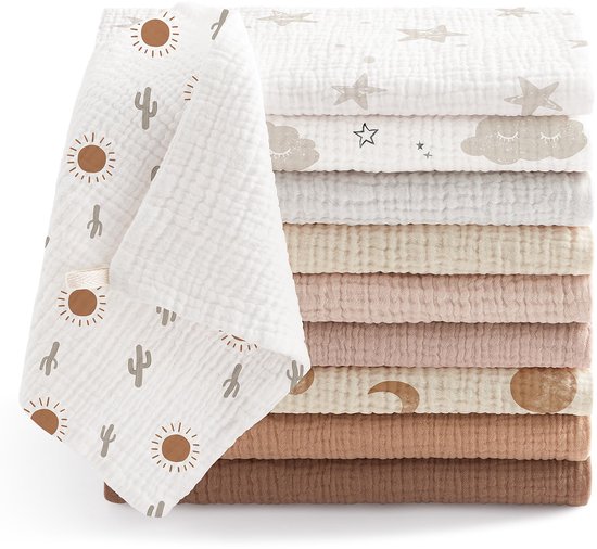 10 stuks mousseline babywashandjes, moltondoeken, 100% katoen, zachte spuugdoeken voor baby's, ademend en extreem absorberend, mousseline doek voor absorberend, 25 x 25 cm (geelbruin)