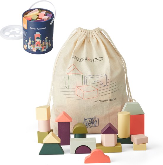 100 houten bouw Blokken voor Kinderen - houten Speelgoed vanaf 2 jaar - Blokkendoos "Atelier Architect" met opbergzak - Blokjes van CUTE & KEPPE