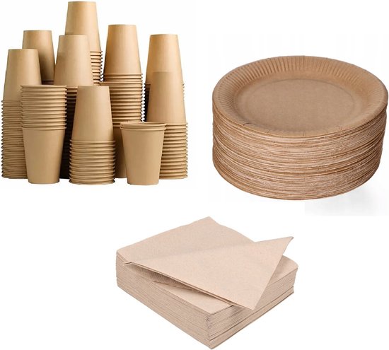 100 kartonnen borden 23cm + 100 kartonnen bekers 240ml + 100 bio servetten 33x33cm - Wegwerp servies - Feest/verjaardag/BBQ/Picknick bordjes - set bio/eco/ Biologisch afbreekbaar- Duurzaam - Milieuvriendelijk van Pavati Essentials