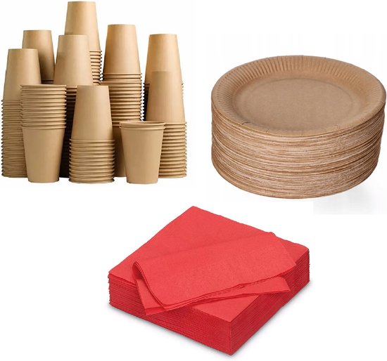 100 kartonnen borden 23cm + 100 kartonnen bekers 240ml + 100 bio servetten rood 33x33cm - Wegwerp servies - Feest/verjaardag/BBQ/Picknick bordjes - set bio/eco/ Biologisch afbreekbaar- Duurzaam - Milieuvriendelijk van 100%