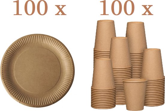 100 kartonnen borden 23cm + 100 kartonnen bekers 240ml-Wegwerp servies - Feest/verjaardag/BBQ/Picknick bordjes - set bio/eco/milieubewuste keuze / Biologisch afbreekbaar- Duurzaam - Milieuvriendelijk van ArtiCasa