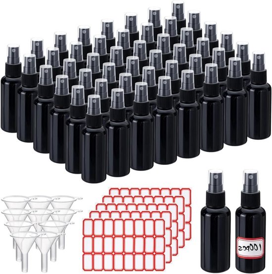100 kleine spuitflessen 60 ml - Lege navulbare plastic flessen met trechters en etiketten voor vloeistoffen, parfum en reiniging