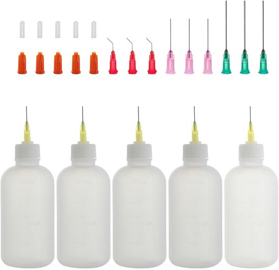 100 ml doseerfles met 14 fijne naalden en 12 doppen voor doe-het-zelf, acryllijm, olie, 5 lege lijmflessen (100 ml)