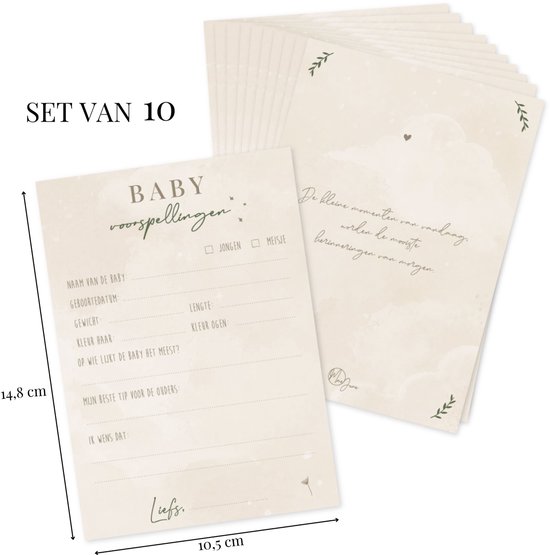 10x Babyshower Invulkaarten – Mae June – Baby Voorspellingen & Lieve Woorden – 10 Stuks – A6 – Beige – Genderneutraal – Jongen of Meisje