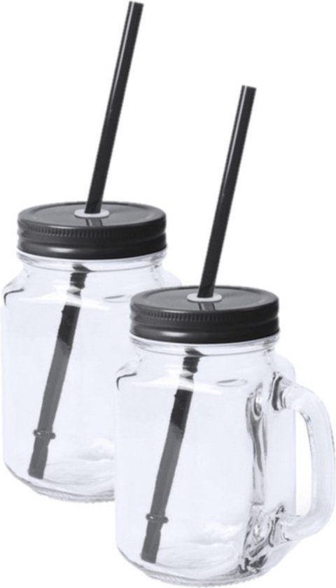 10x stuks Glazen Mason Jar drinkbekers zwarte dop en rietje 500 ml - afsluitbaar/niet lekken/fruit shakes van Supremo.