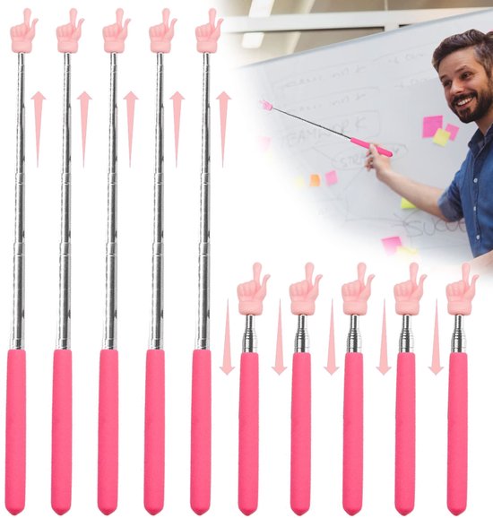 10x Uitschuifbare aanwijzer voor leerkrachten, uitschuifbaar 55 cm, intrekbaar handvat, schattige vingervormen, voor basisschoolleerkrachten, klaslokaalbenodigdheden, aanwijsstok voor leerkrachten, roze van Mcsqk