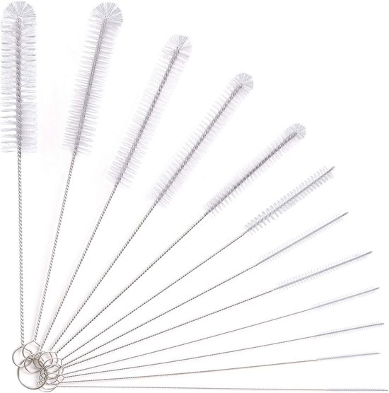 12-delige set schoonmaakborstels van 21 cm voor flessen, theepotten en espressomachines - Nylon borstels voor rietjes en slangen