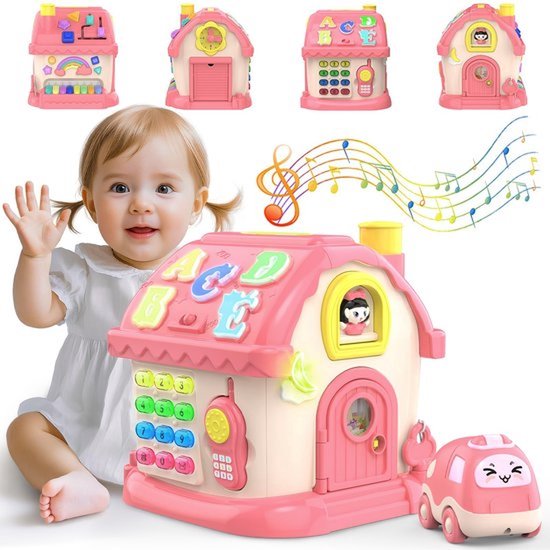 12-in-1 Educatief Activiteitenhuis - Muziekspeelgoed met Piano & Vormensorteerder - Montessori Speelgoed - Voor Baby's & Peuters (12-36 Maanden) - Roze