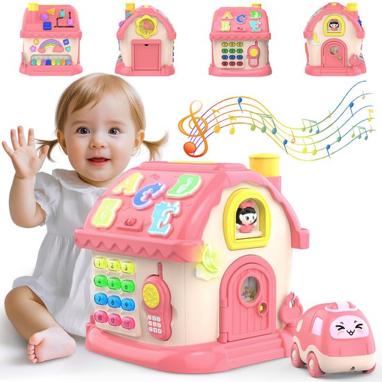12-in-1 Educatief Activiteitenshuis - Muziekspeelgoed met Piano & Vormen Stoof - Montessori Speelgoed - voor Baby & Peuter (12-36 Maanden) - Roze - Baby speelgoed 1 jaar van Mrilary