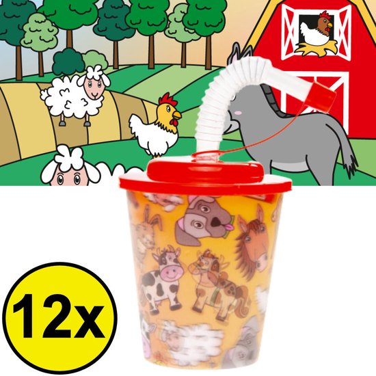 12 STUKS BOERDERIJ DIEREN 3D Drink Beker met Rietje en Deksel - 250ML - Boerderij Plastic Bekers - Kinderfeestje - Kinderverjaardag Bekertjes - Traktatie - Uitdeelcadeaus van Com-Four