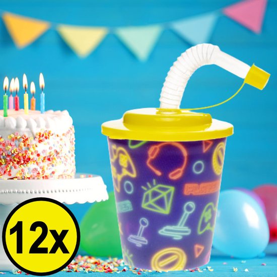 12 STUKS GAMER 3D Drink Beker met Rietje en Deksel - 250ML - Gamers Plastic Bekers - Kinderfeestje - Kinderverjaardag Bekertjes - Traktatie - Uitdeelcadeaus van Onbekend