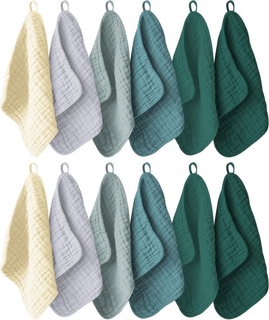 12 Stuks Hydrofiel Baby Wasdoekjes – Zacht en Absorberend – Verschillende Kleuren van Merkloos