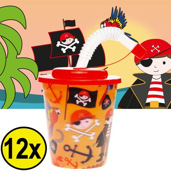 12 STUKS PIRAAT 3D Drink Beker met Rietje en Deksel - 250ML - Piraten Plastic Bekers - Kinderfeestje - Kinderverjaardag Bekertjes - Traktatie - Uitdeelcadeaus van Merkloos
