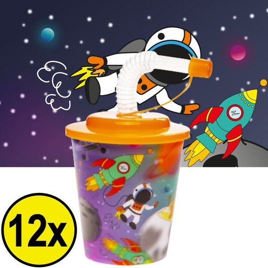 12 STUKS RUIMTE / SPACE 3D Drink Beker met Rietje en Deksel - 250ML - Ruimtevaart Plastic Bekers - Kinderfeestje - Kinderverjaardag Bekertjes - Traktatie - Uitdeelcadeaus van Merkloos