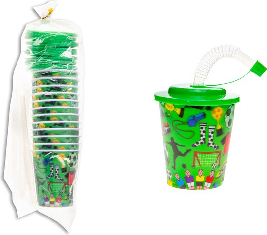 12 STUKS VOETBAL 3D Drink Beker met Rietje en Deksel - 250ML - Voetballers Plastic Bekers - Kinderfeestje - Kinderverjaardag Bekertjes - Traktatie - Uitdeelcadeaus van amscan