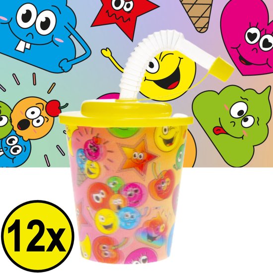 12 STUKS VROLIJKE SMILEY 3D Drink Beker met Rietje en Deksel - 250ML - Smilli Plastic Bekers - Kinderfeestje - Kinderverjaardag Bekertjes - Traktatie - Uitdeelcadeaus van Smilli