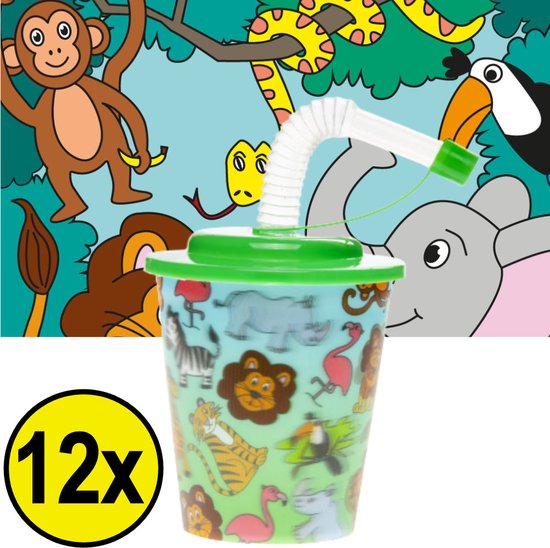 12 STUKS WILDE DIEREN 3D Drink Beker met Rietje en Deksel - 250ML - Jungle Plastic Bekers - Kinderfeestje - Kinderverjaardag Bekertjes - Traktatie - Uitdeelcadeaus van Illusis