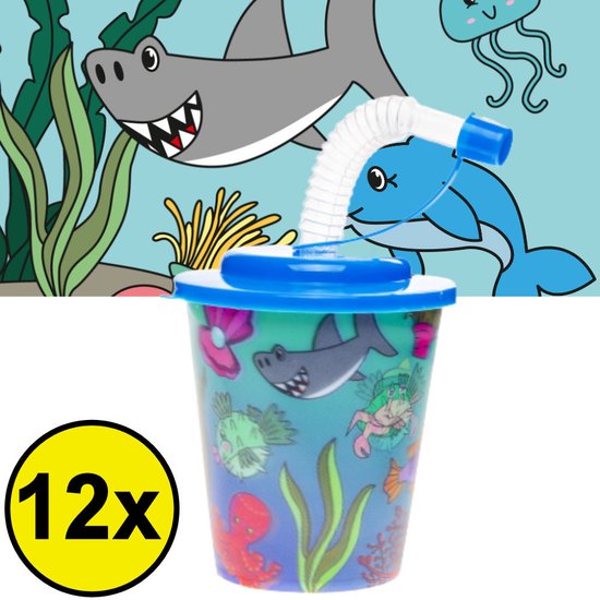 12 STUKS ZEEDIEREN 3D Drink Beker met Rietje en Deksel - 250ML - Sea Life Plastic Bekers - Kinderfeestje - Kinderverjaardag Bekertjes - Traktatie - Uitdeelcadeaus van Folat