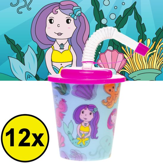 12 STUKS ZEEMEERMIN 3D Drink Beker met Rietje en Deksel - 250ML - Mermaid Plastic Bekers - Kinderfeestje - Kinderverjaardag Bekertjes - Traktatie - Uitdeelcadeaus van Moses.