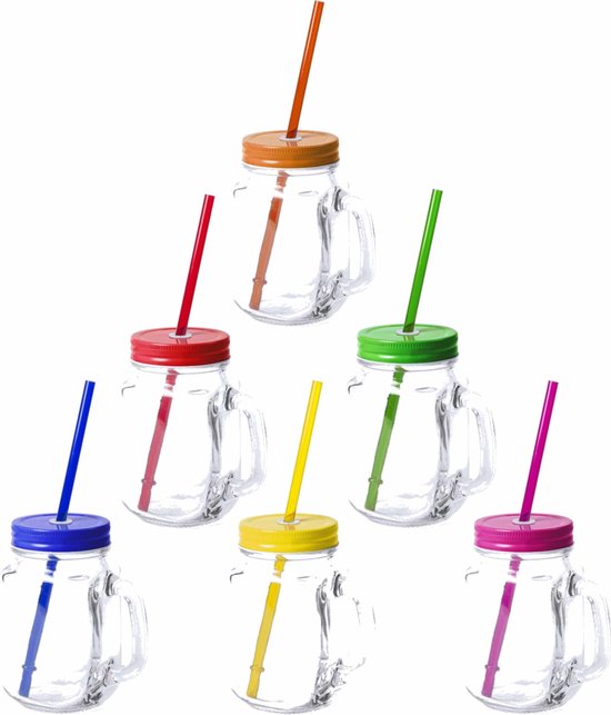 12x stuks Glazen Mason Jar drinkbekers met dop en rietje 500 ml - 6x kleuren, 2x stuks per kleur van MRNKI