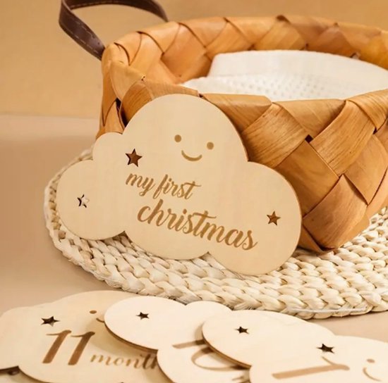 14 Houten Mijlpaalkaarten Baby - Babyshower cadeau - Kraamcadeau Jongen en meisje - milestone cards/ wolk van Pardazz