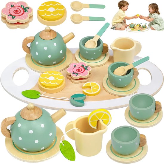 15-delige Houten Theeset voor Kinderen – Montessori Speelgoed – Houten Keukenaccessoires – Rollenspel Theekransje met Dienblad, Kopjes en Theepot – Educatief Cadeau voor Meisjes en Jongens