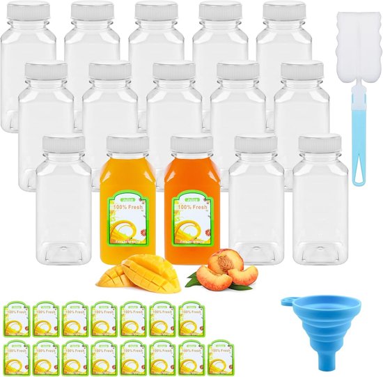 15 Pcs 8oz/250ml Juice Bottles met Lids - Duidelijke Herbruikbare Plastic Flessen Set met Trechter, Borstels en Stickers voor het Opslaan van Sappen, Dranken, Mini Koelkast (Wit)