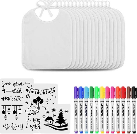 15 stuks beschilderde slabbetjes - 26 x 30 cm - wit - baby driehoekige sjablonen - met 12 textielstiften - 3 tekensjablonen - om te beschilderen - perfect cadeau - babyshower party van Bamny