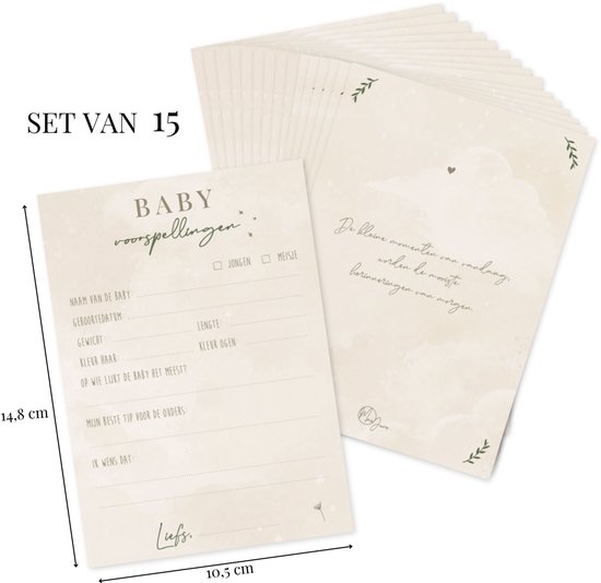 15x Babyshower Invulkaarten – Mae June – Baby Voorspellingen & Lieve Woorden – 15 Stuks – A6 – Beige – Genderneutraal – Jongen of Meisje