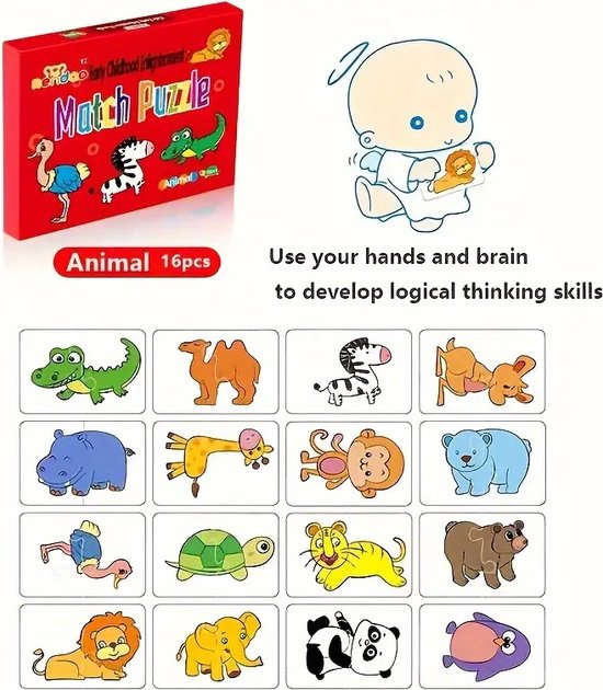 16-delige Dieren Puzzel voor Kinderen - Educatief Matchspel - Ontwikkeling van Cognitie en Hand-oog Coördinatie - Leren Herkennen van Dieren - Geschikt voor Peuters van 0-3 Jaar van $
