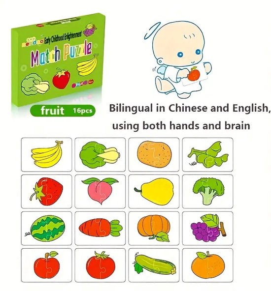 16-delige Educatieve Groente- en Fruitpuzzel Set - Match Puzzel voor Kinderen - Leer Groenten en Fruit Herkennen - Stimulatie van Cognitieve Ontwikkeling en Hand-oog Coördinatie - Geschikt voor Peuters van 0-3 Jaar - Perfect als Cadeau van $