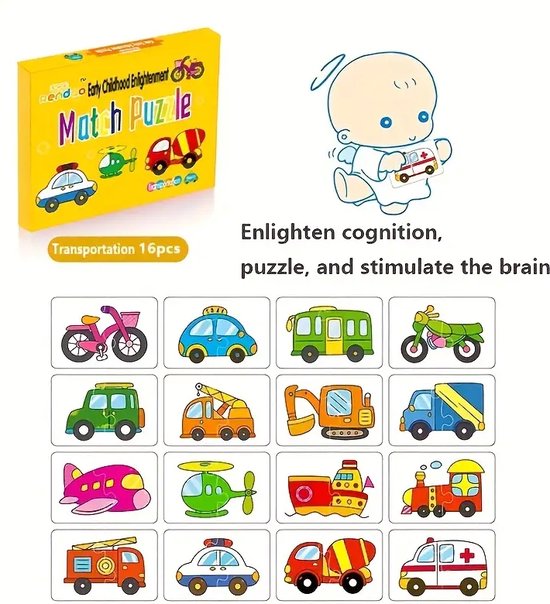 16-delige Educatieve Voertuigen Puzzel Set - Match Puzzel voor Kinderen - Leer Voertuigen Herkennen - Stimuleert Cognitieve Ontwikkeling en Hand-oog Coördinatie - Geschikt voor Peuters van 0-3 Jaar - Ideaal als Cadeau van $