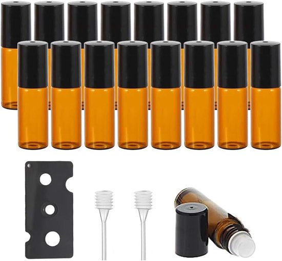 16 Pack Roll on Bottle Empty 5ml voor etherische oliën, Roll on Essential Oils, Roll on Empty 5ml met roestvrijstalen roller, Roll on Glass Bottles met bruin glas voor lichte bescherming