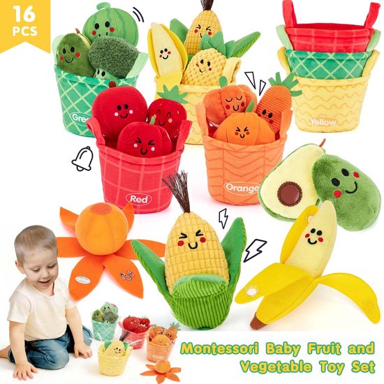 16 stuks babyspeelgoed 6 maanden, pluche groenten en fruit met knisperpapier en rammelaar, bevordert sensoriek en motoriek, Montessori-speelgoed vanaf 6, 8, 9, 12 maanden, cadeau voor jongens van Merkloos