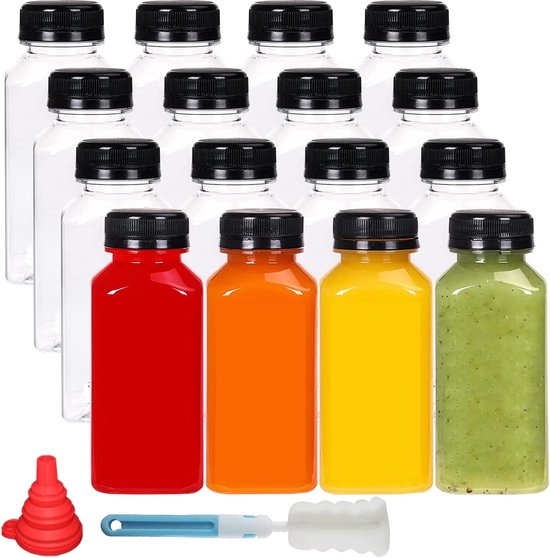 16 stuks kunststof sapflessen van 250 ml om te vullen, herbruikbare lege smoothiefles inclusief reinigingsborstel en siliconen trechter, ideaal voor mini-koelkast en sapshots van Bobo&boo