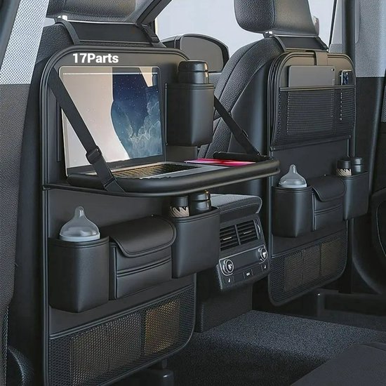 17 Parts – Luxe Auto Rugleuning Organizer met Inklapbare Tafel – PU Leer – Autostoel Opberger met Telefoonhouder, Drinkflessenclip & Meerdere Vakken – Ideaal voor Kinderen & Reizen – Zwart van Theodore.